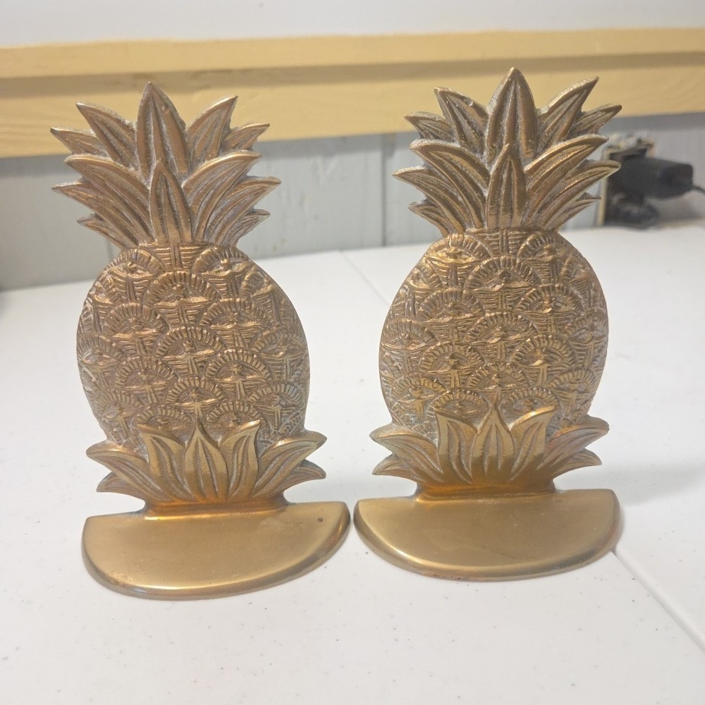 Brass Pineapple Bookends Vintage  6" Tall Hawaiian Luau Kitchen Textured Decor